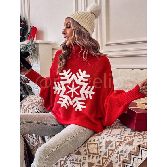Red Oversized Pullover Sweater Snowflake Turtleneck Long Sleeve Knit - Picture 5 of 8